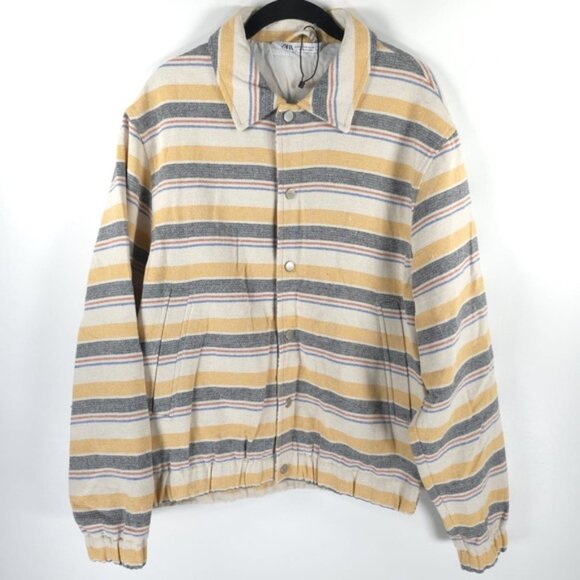NWT ZARA Striped Beige Yellow Multicolored Structured Bomber Jacket Size M & L - Picture 5 of 12